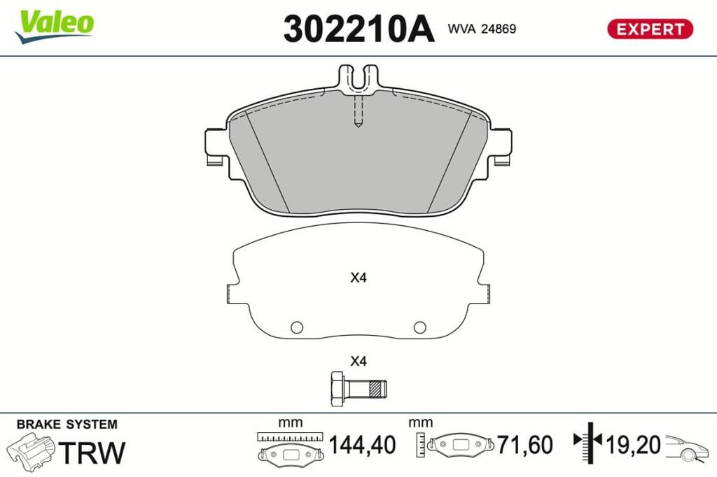 Jeu de 4 plaquettes de frein VALEO ref. 302210A